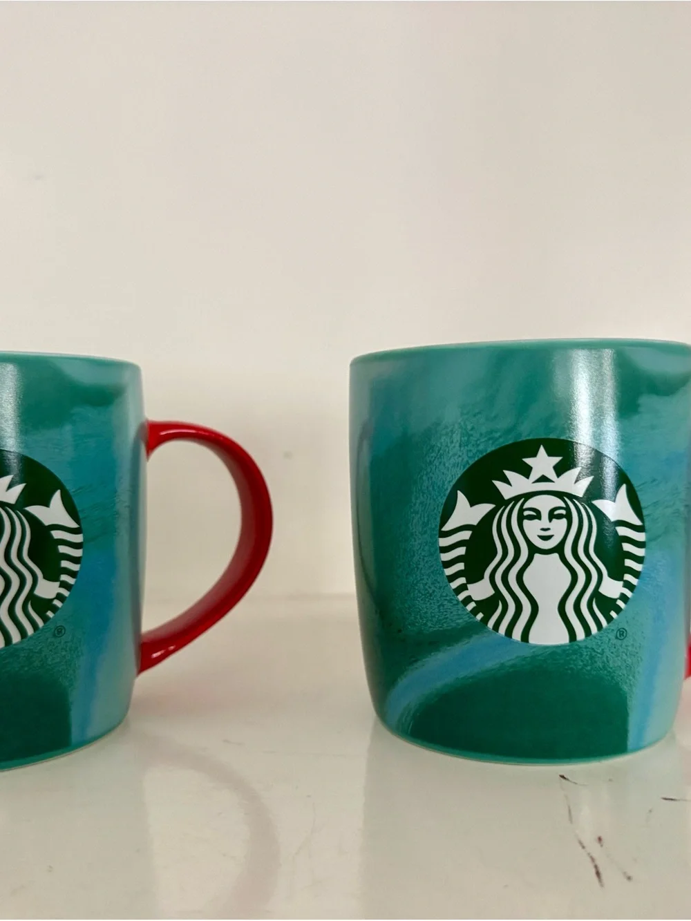 Starbucks 2024 Holiday Teal Green Marble Mugs with Red Handle - Set of 2 (11oz)